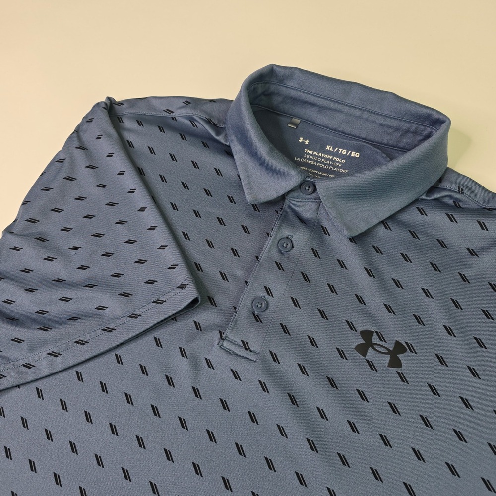 Under Armour Mens Playoff Polo Blue Grey Geometric HeatGear XL Golf Shirt